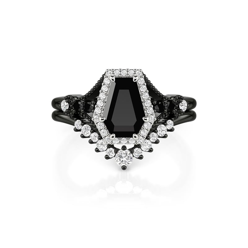 Jeulia Juego de Anillos Gótico Halo Negro Corte Ataúd 2Piezas