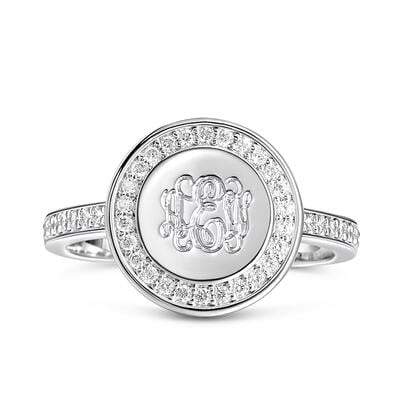 Jeulia Halo Round Monogram Personalized Sterling Silver Ring
