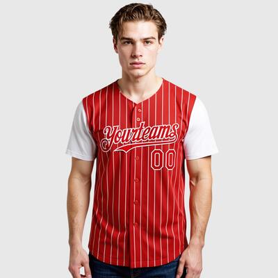 Custom Red White Authentic Pinstripe Two Tone Baseball Jersey with Personalized Number and Logo for Games Practices and Fan Events