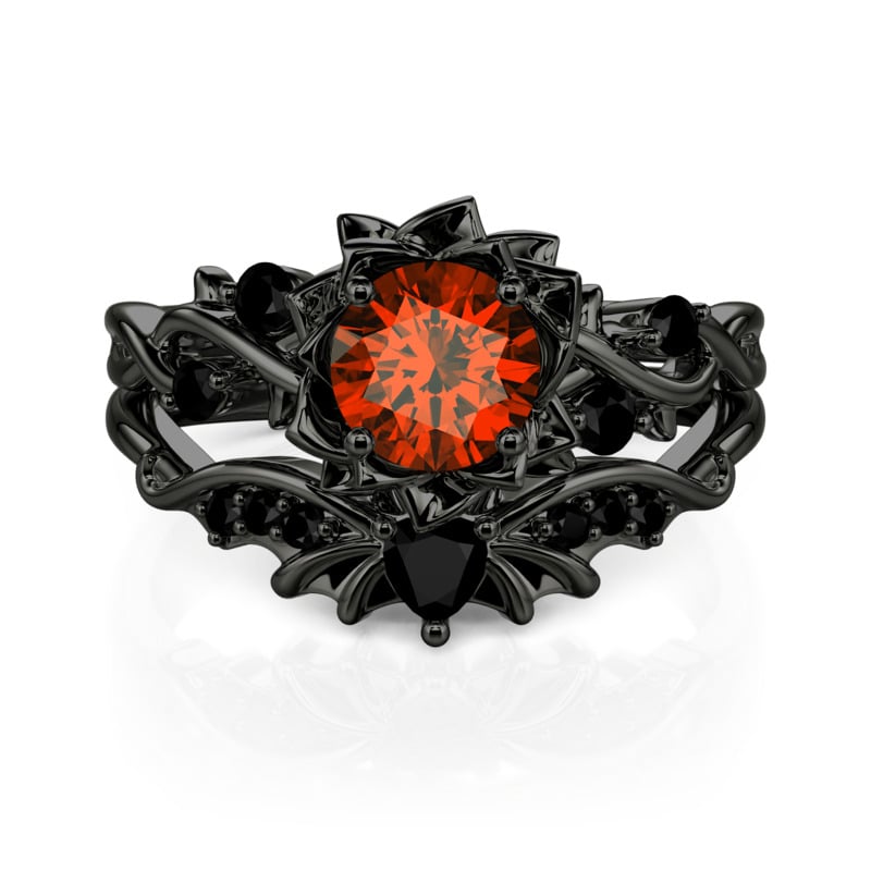 Jeulia Women's Black Intertwined Leaves Lotus Ring Set
