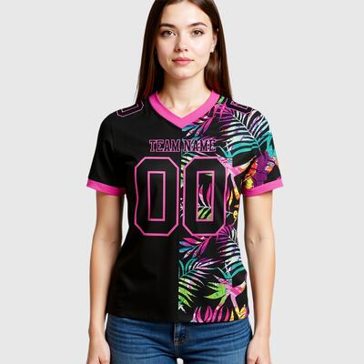 Custom Football Jersey Black Pink 3D Pattern Tropical Palm Leaves Mesh Authentic
