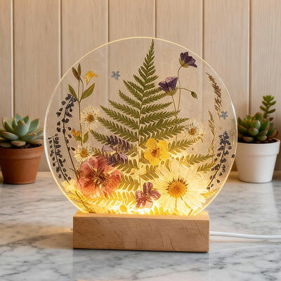 Delicate Round Floral Resin Lamp | Handmade Resin Decor with Real Flowers, Gift for Her