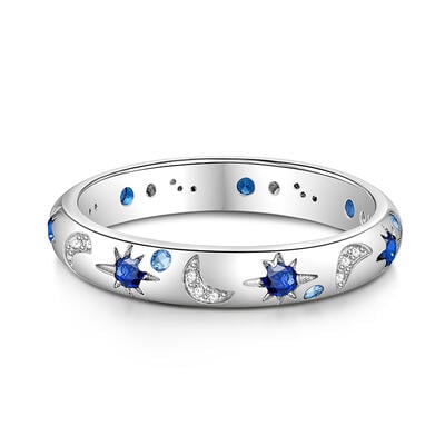 Jeulia Moon and Star Women's Wedding Band Sterling Silver