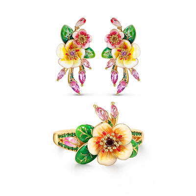 Jeulia Conjunto de Joyas de Plata de Ley Esmaltadas Flor de Pera