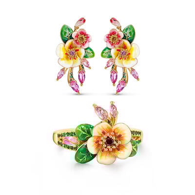 Jeulia "Whimsical Beauty" Pear Blossom Enamel Sterling Silver Jewelry Set