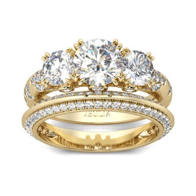 Jeulia Gold Tone Three Stone Round Cut Sterling Silver Ring Set