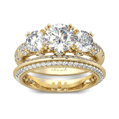 Jeulia Gold Tone Three Stone Round Cut Sterling Silver Ring Set