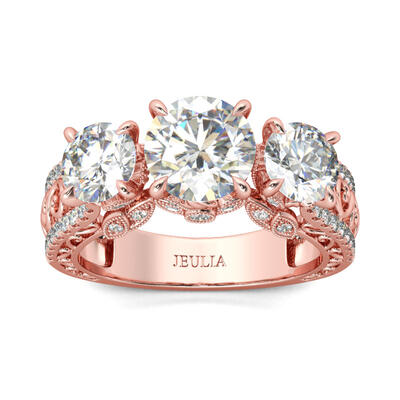 Jeulia Scrollwork Three Stone Round Cut Sterling Silver Ring