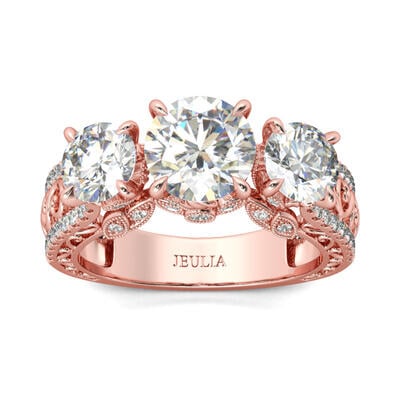Jeulia Scrollwork Three Stone Round Cut Sterling Silver Ring