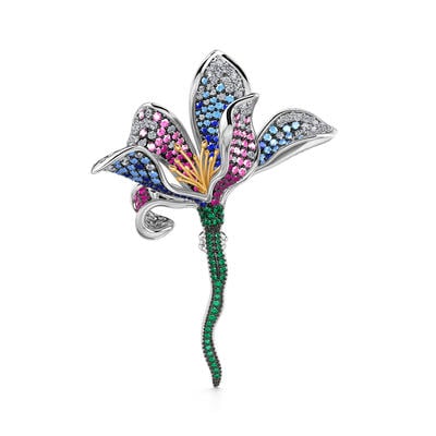 Jeulia "Invisible Flower" Multi-colored Stones Sterling Silver Brooch