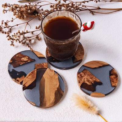 Reslol Stylish Wooden & Resin Translucent Grey Round Coasters
