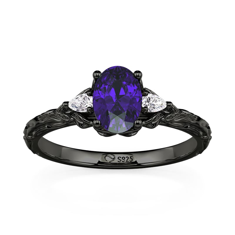 Jeulia Gothic Black Three Stone Purple Oval Engagement Ring