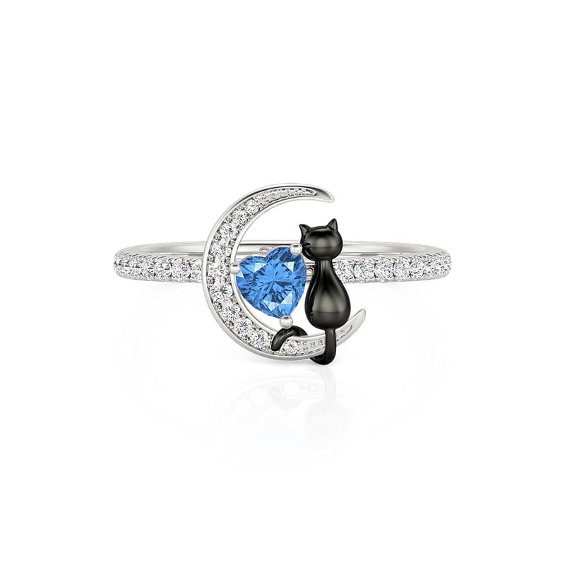 Jeulia Anillo Personalizado Luna y Gato Negro Pavé con Piedra de Nacimiento Corazón