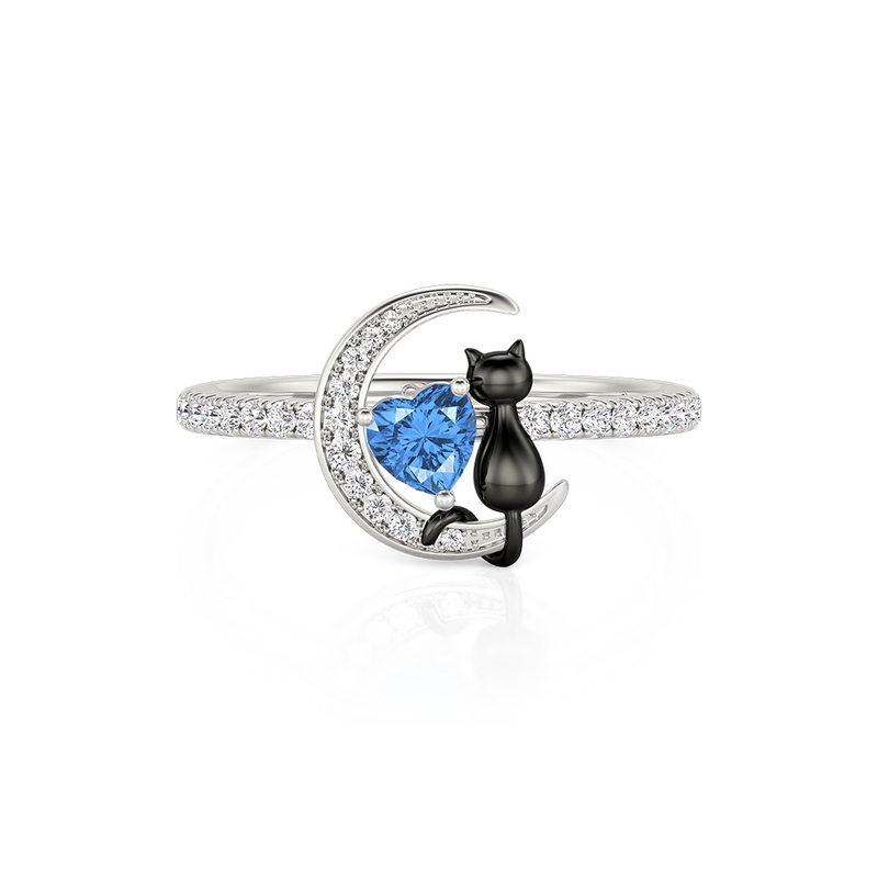 Jeulia Anillo Personalizado Luna y Gato Negro Pavé con Piedra de Nacimiento Corazón