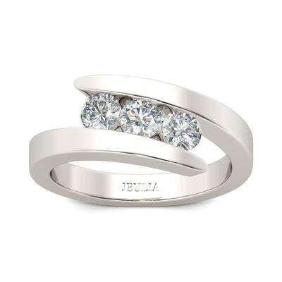 Jeulia Tension Three Stone Round Cut Sterling Silver Ring