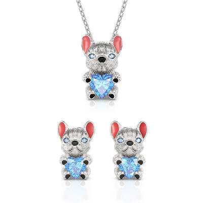 Jeulia Hug Me "Smart French Bulldog" Heart Cut Sterling Silver Jewelry Set