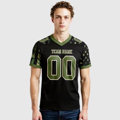 Custom Football Jersey Black Olive-Cream 3D Pattern American Flag Mesh Authentic