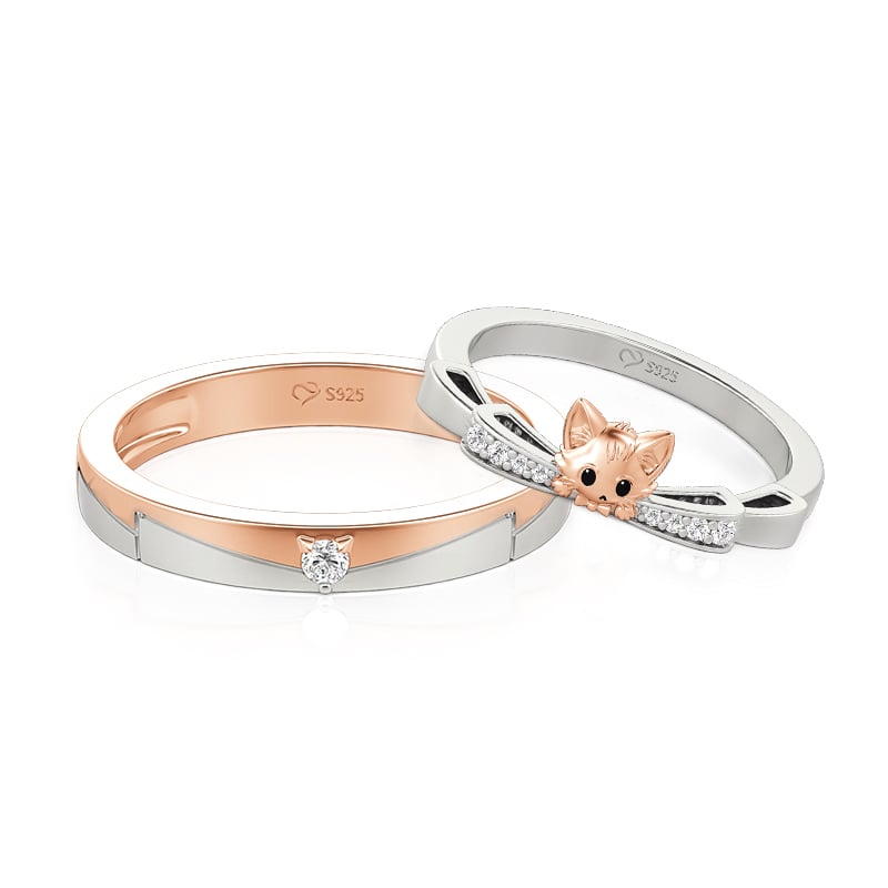 Jeulia Two Tone Cat Matching Couple Ring Set Sterling Silver