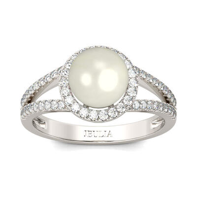 Jeulia Halo Split Shank Faux Pearl Sterling Silver Ring