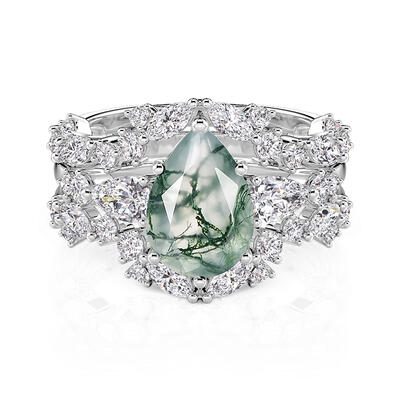 Jeulia Olivetta Pear Cut Moss Agate Ring Set