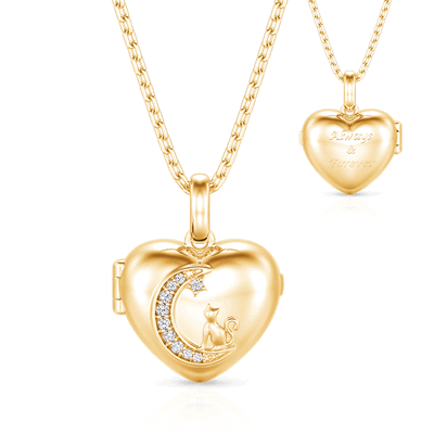 Jeulia Custom Cat Moon Engraved Gold Heart Photo Locket Necklace