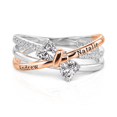 Jeullia Custom Bow Engraved 2 Hearts Promise Ring with Birthstone