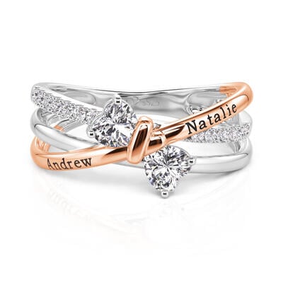 Jeulia Custom Bow Engraved 2 Hearts Promise Ring with Birthstone
