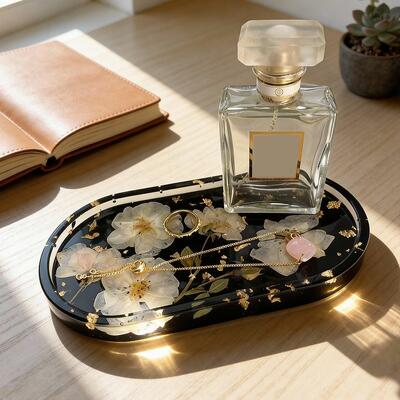 Luxury Oval Dried Flower Resin Jewelry Tray - Handcrafted Decor