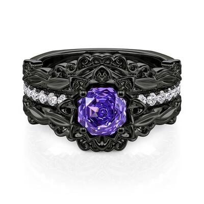 Jeulia Octagon Rose Cut Black Floral Vine Ring Set 2PCS