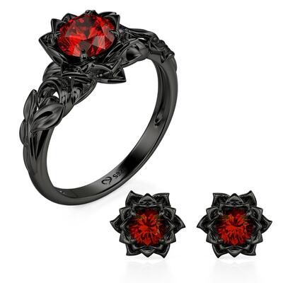 Jeulia Gothic Black Lotus Ring and Earring Set