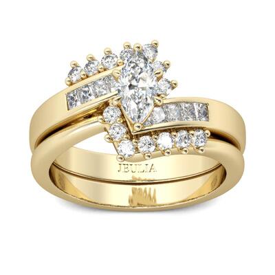 Jeulia Gold Tone Marquise Cut Sterling Silver Ring Set