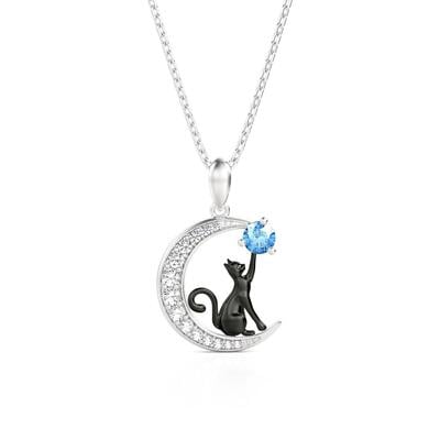 Jeulia Custom Black Cat Moon Necklace with Birthstone