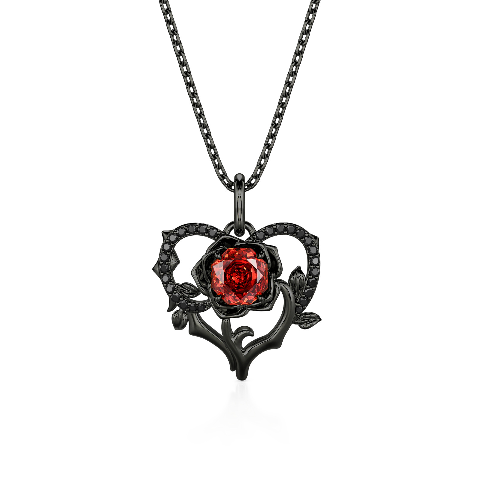 Jeulia Gothic Black Thorn Rose Cut Heart Necklace