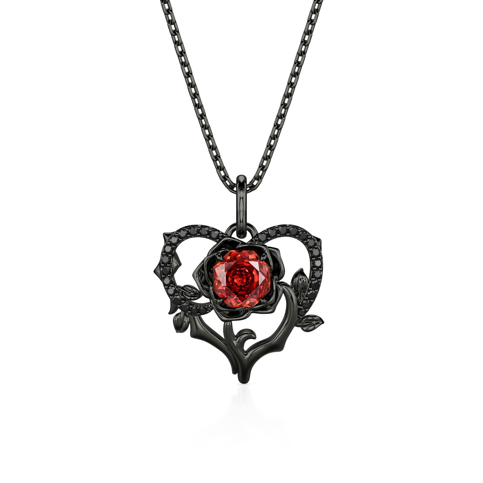 Jeulia Gothic Black Thorn Rose Cut Heart Necklace