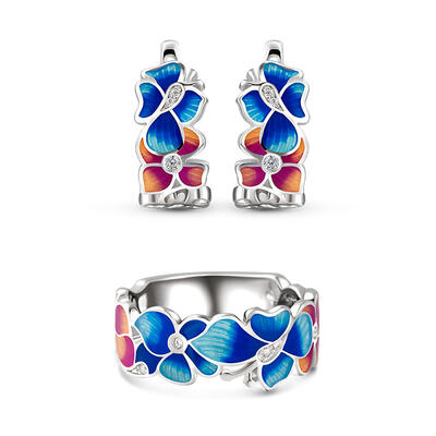 Jeulia "Born as the Flowers" Enamel Sterling Silver Jewelry Set