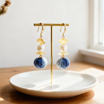 Artistic Handmade Pearl & Natural Stone Earrings – Irregular Tie-Dye Yellow Crystal Dangle Earrings