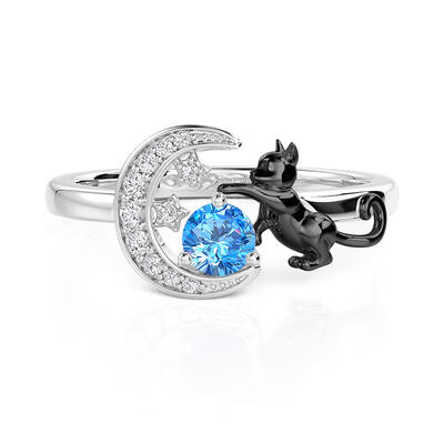Jeulia Custom Black Cat Moon and Star Ring With Birthstone