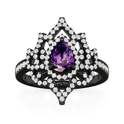 Jeulia Gothic Black Lotus Ring with Purple Pear Center Stone