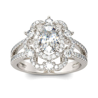 Jeulia Floral Halo Split Shank Oval Cut Sterling Silver Ring