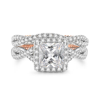 Jeulia Two Tone Twist Halo Engagement Ring Set Sterling Silver