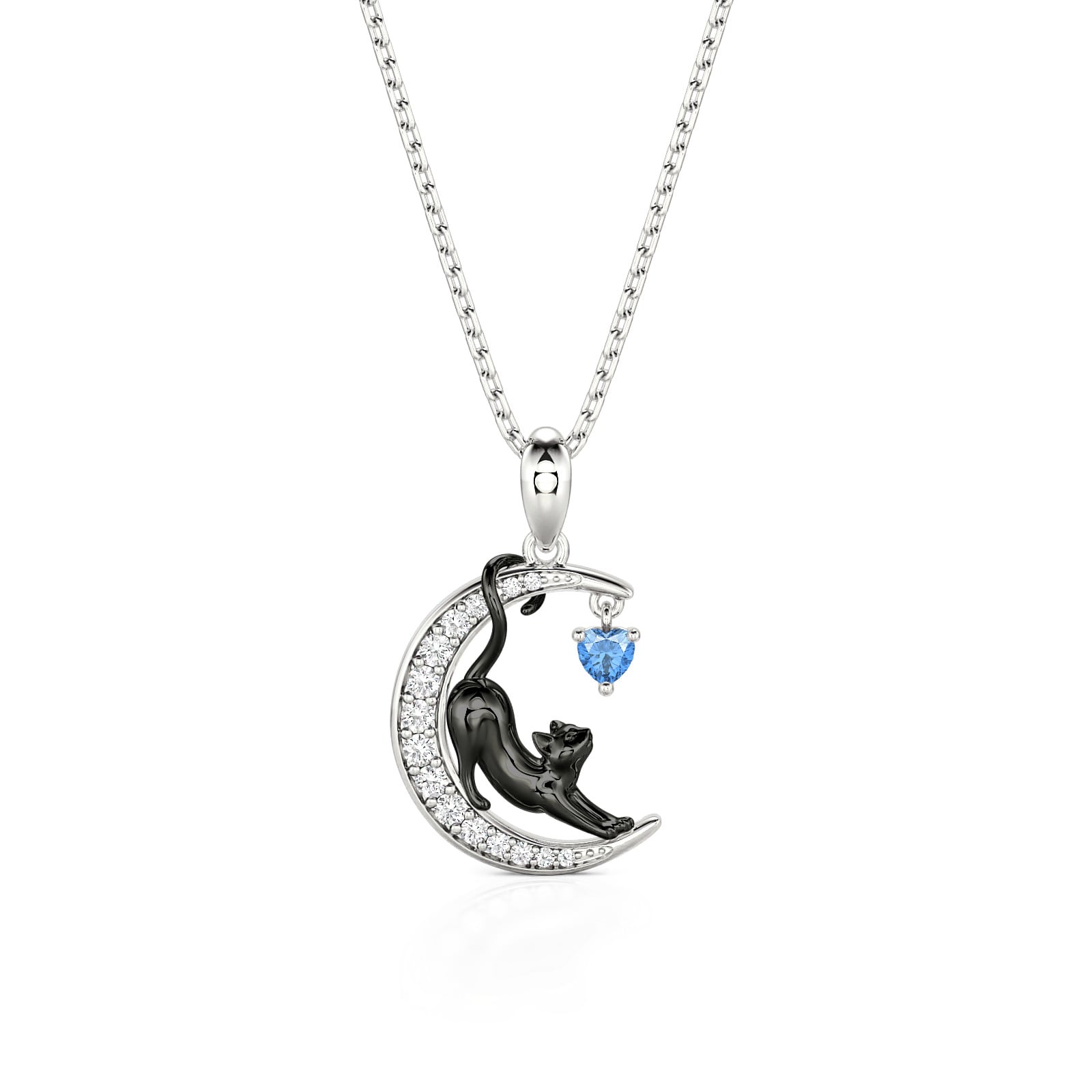 Jeulia Petland Custom Birthstone Black Cat Moon Necklace