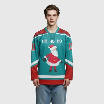 Custom Teal Red-White Christmas Santa Claus 3D Hockey Lace Neck Jersey