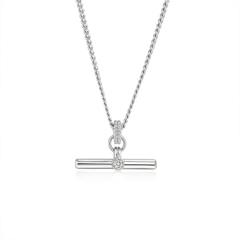 Jeulia "Andy" Style Classic Silver T‑Bar Necklace with Round Cut Stone