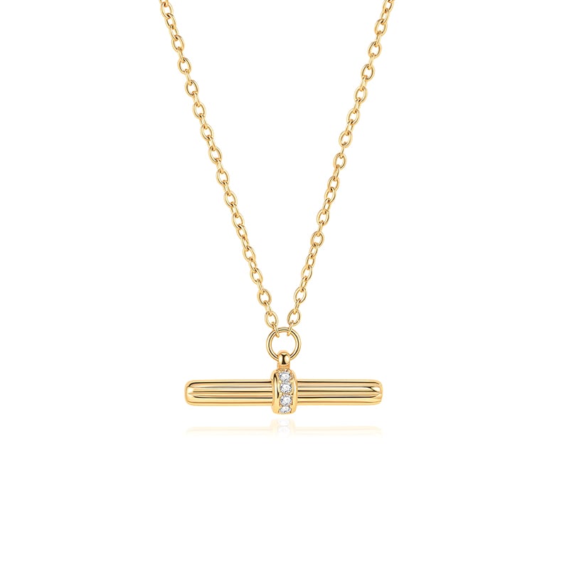 Jeulia "Andy" Style Gold Fluted Pave T‑Bar Necklace