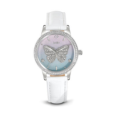 Jeulia "Dreamy Rainbow" Butterfly Design Quartz White Leather Watch with Ombre Dial