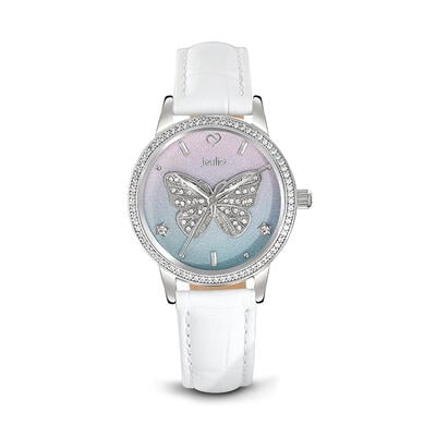 Jeulia "Dreamy Rainbow" Butterfly Design Quartz White Leather Watch with Ombre Dial
