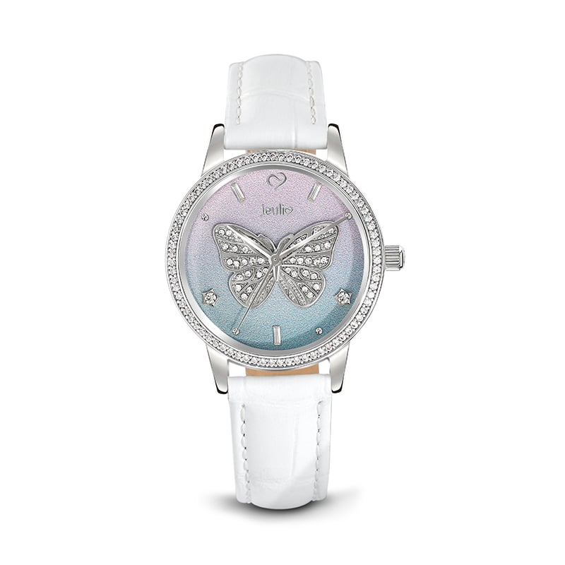 Jeulia Reloj blanco de cuarzo con mariposa