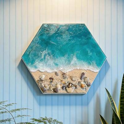 Coastal-Themed Resin Hexagon Art – Beach Waves & Sand Wall Decor   