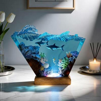 Thrilling Underwater Diver & Great White Shark Resin Lamp - Irregular Nautical Art
