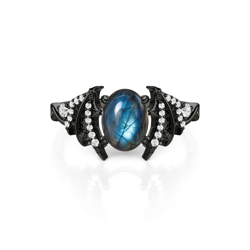 Jeulia Gothic Black Thorns Bat Wings Oval Labradorite Ring